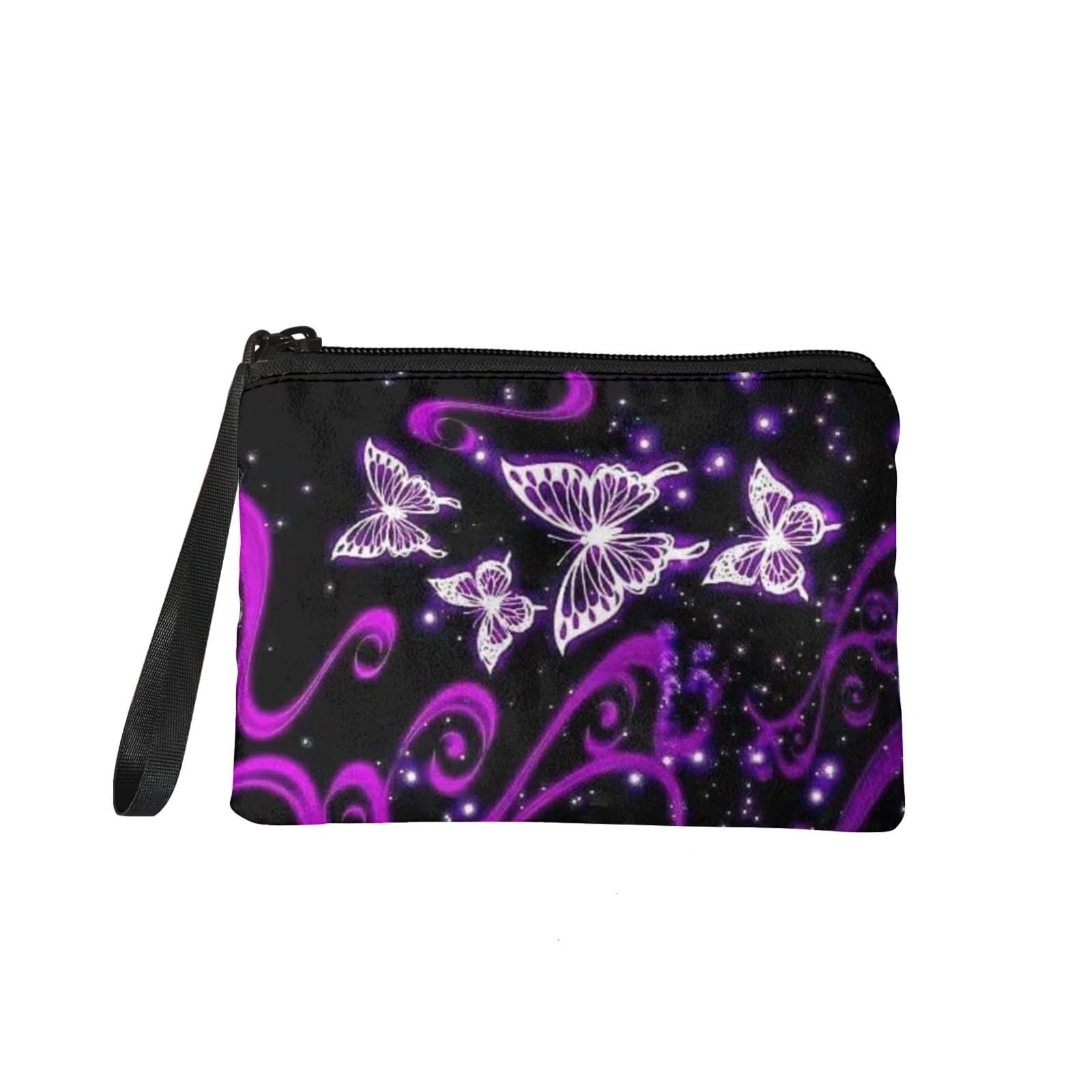 BIGCARJOBCoin Purse for Women,Travel Toiletry Bag Organizer,Small Change Pouch Clutch Case with Wristlet Strap, Purple bling butterflies, One size, One Size