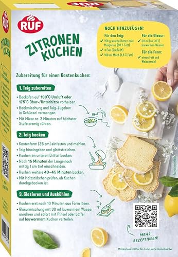 RUF Zitronenkuchen, Backmischung für einen Kastenkuchen aus besonders zitronigem Rührteig mit extra viel Zitronen Glasur