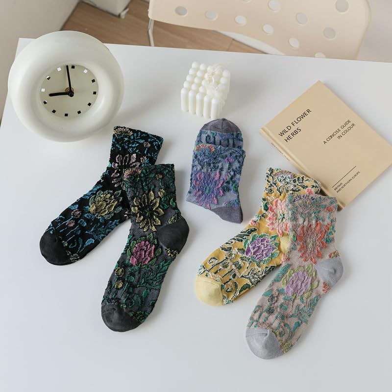 Vintage Embroidered Floral Socks for Women, Combed Cotton Crew Socks - Image 7