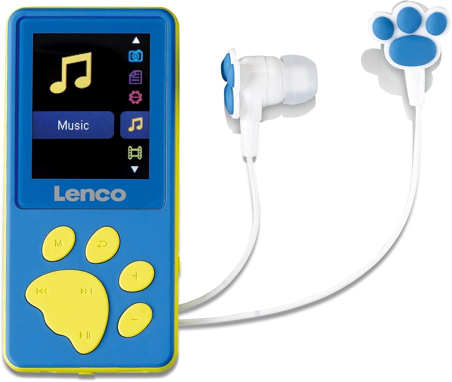 Lenco Xemio-560BU MP3/MP4 player with included blue and white paw print earbuds.