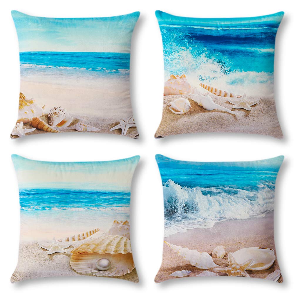 ArtscopeCozy Cushion Covers, Pack of 4 Soft Velvet Sandy Beach Print Pattern Decorative Throw Pillow Covers Cases for Sofa Couch Bedroom Living Room Home Decor 45x45CM