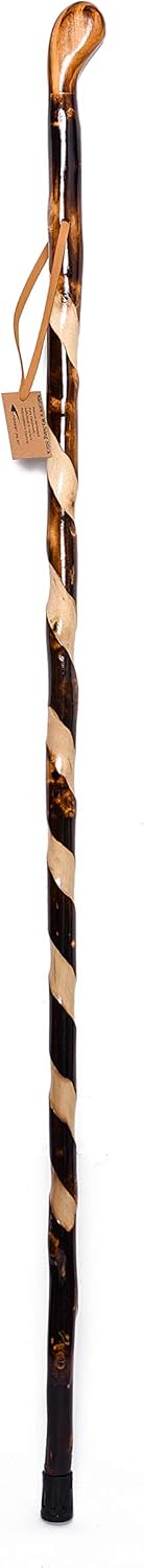 Handcrafted Nature Wood Hiking Stick 55 Inches Long - with Hand Strap and Rubber Tip Cover - Transparent Waterproof Painting Coating Mimetic Root Head