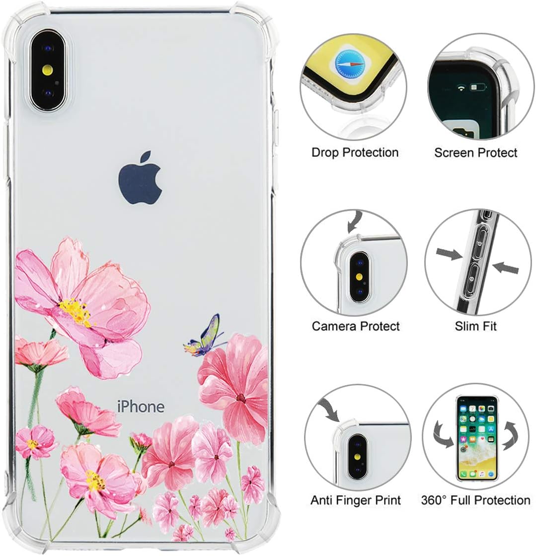 TRENSOM iPhone Xs Pink Flowers Case iPhone X Floral Pattern Clear Soft TPU Case Slim Flexible Shockproof Bumper Phone Cases for Women Girls-Pink Lotus[5.5"]