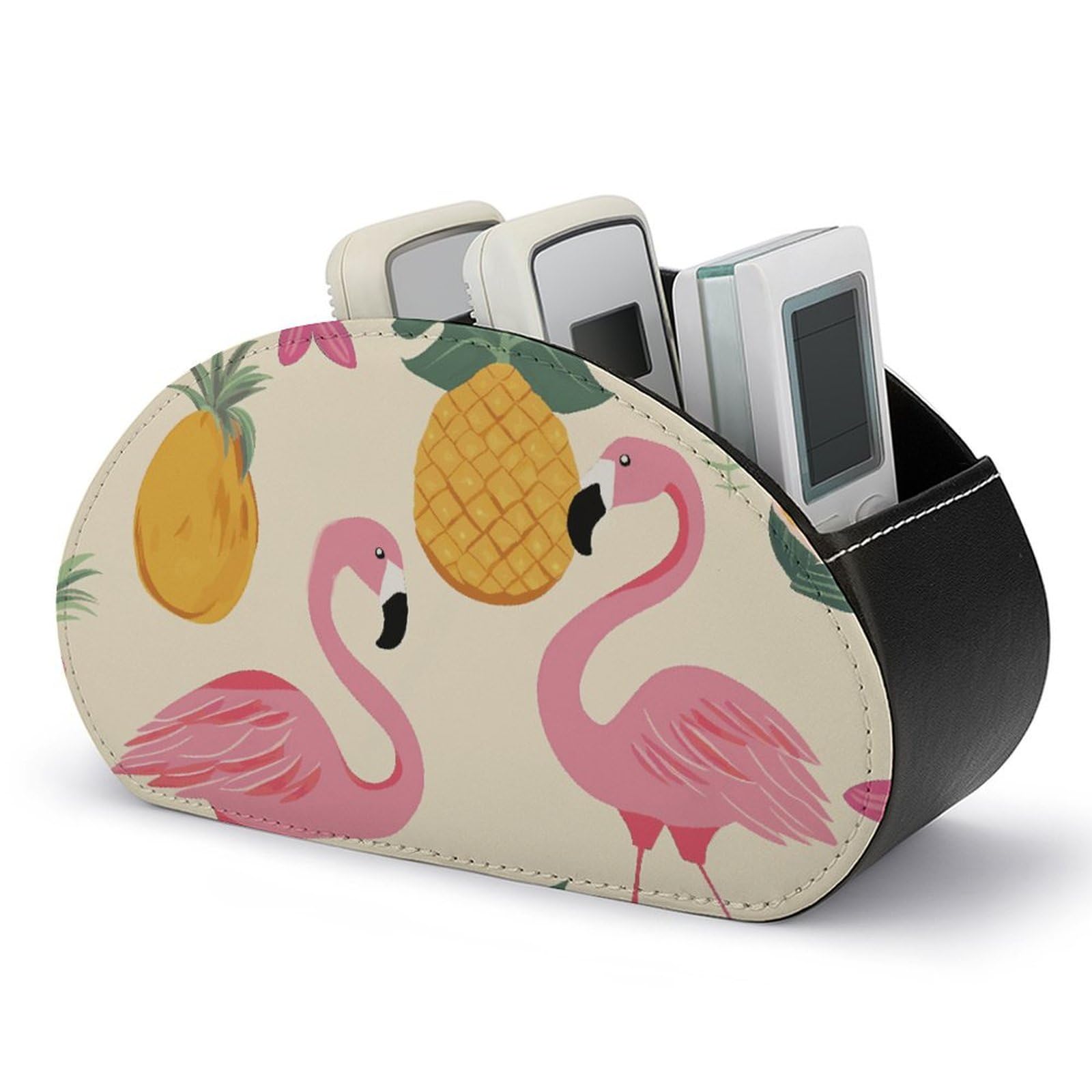 JTREHY - Remote Control Stand for Flamingos and Pineapples with 5 Compartments PU Leather with Storage Box for Nightstand