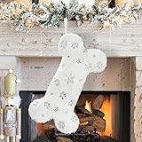 Senneny Snowy White Plush Pet Dog Christmas Stocking, Silver Snowflake Sequin Dog Christmas Stockings Large Bone Shape Faux Fur, Hanging Christmas Holiday Season Party Decor for Pets Dogs