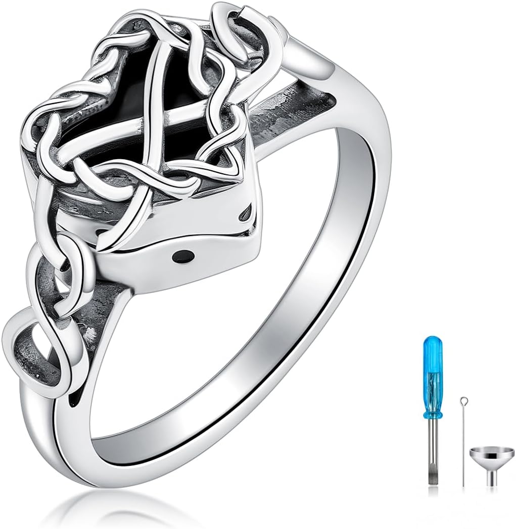 Black Onyx Urn Ring for Ashes 925 Sterling Silver Vintage Celtic Knot Heart Cremation Ring Holds Ashes Memorial Keepsake Jewelry for Women