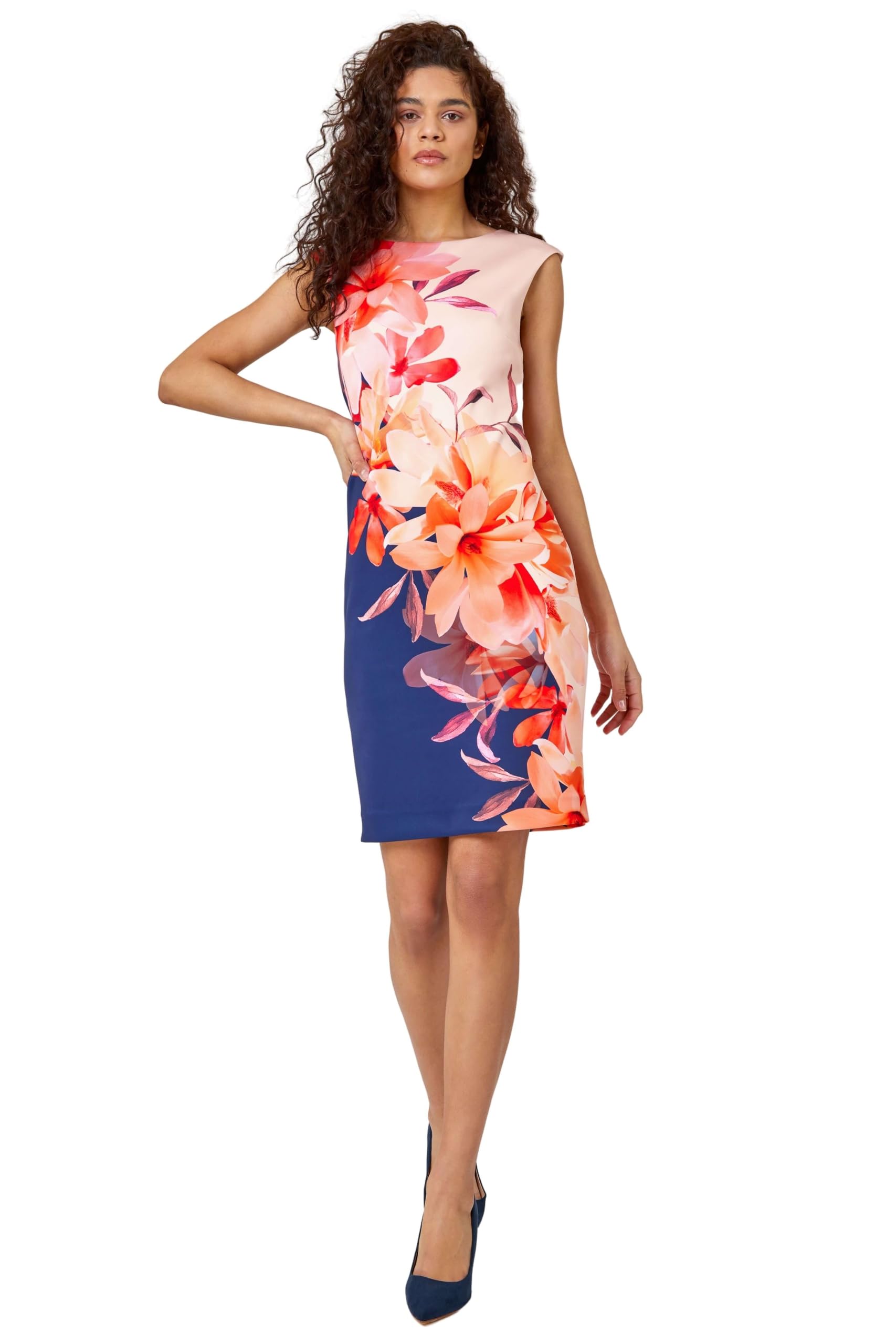 Roman Originals Women's Navy Orange Roman Scuba Dress For Uk - Shift Swing Linear Floral Print Spring Everyday Summer Evening Vacation Work Holiday Short Sleeve Smart Casual Luxe Stretch - Size 18
