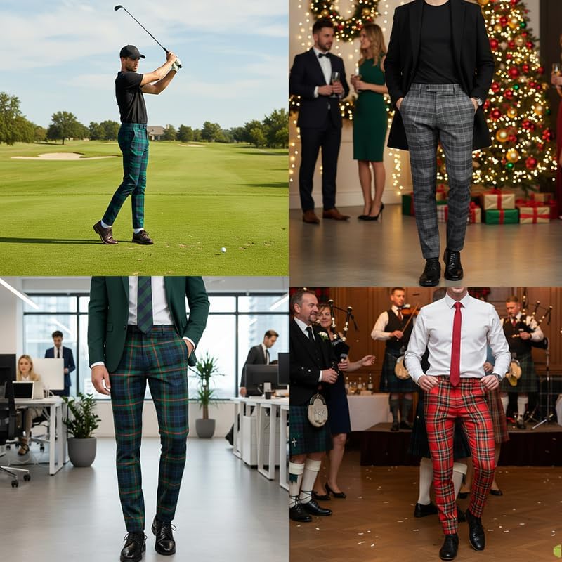 Tailored fit Pants for Men - Scottish Tartans - Expandable Waist Band - Comfortable Chinos Golf Trousers