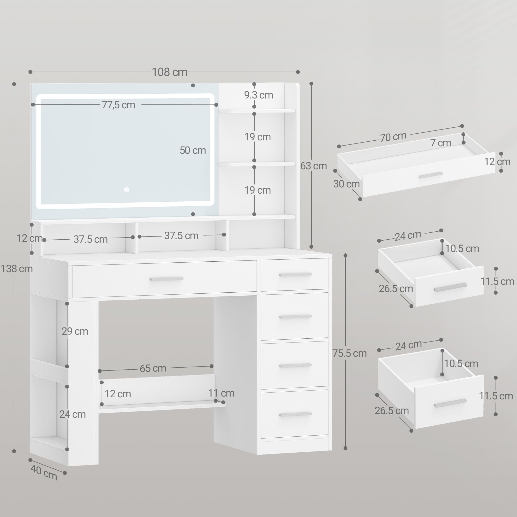 Hzuaneri Coiffeuse avec HD Miroir,Coiffeuse avec éclairage LED, 6 Compartiments Ouverts, 5 Tiroirs et Rangements Latéraux. Moderne, Blanc DT44003XEU