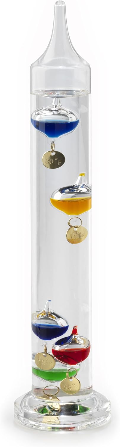 Lily's Home Glass Galileo Thermometer, A Timeless Design That Measures Temperatures from 64ºF to 80ºF, 5 Multi-Colored Spheres (11 Inches)