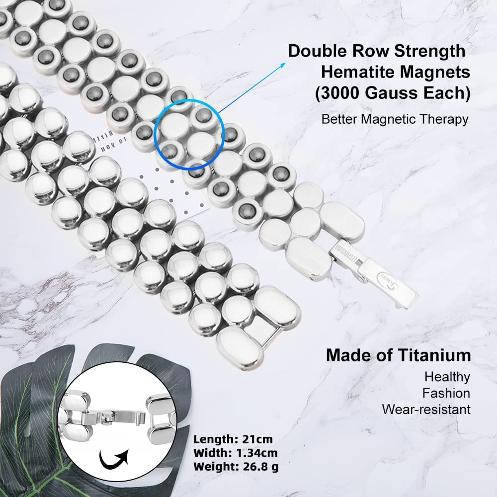 JEROOT Energetix Bracelet magnétique en titane pour femme 3 rangées d'hématite avec outil de mesure de la taille