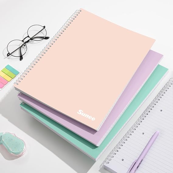 SUNEE A4 Notebook, Pack of 3 Notepads, Wirebound Notebooks, 80gsm Premium Paper, 100 Sheets / 200 Pages, 8mm Lined with Margin, 4-Hole Punched and Perforated Edge, Pastel Colours