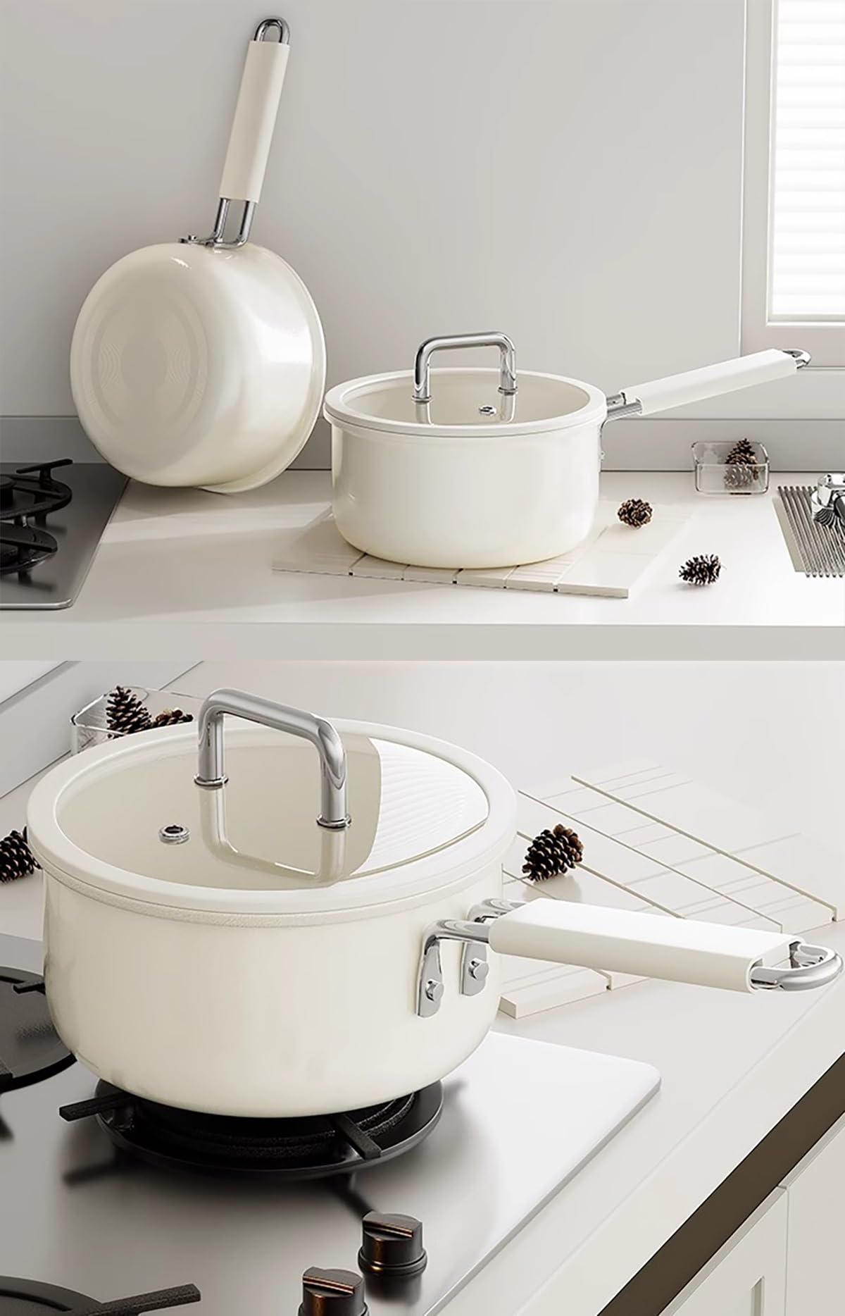 Double-sided ceramics pot for cooking with Lid 1.9 QT Cooking Pot,small pots for cooking ceramic pans for cooking non toxic, PTFE & PFOA Free Compatible with All Cooktops(Diameter 16 cm/1.9 quarts)