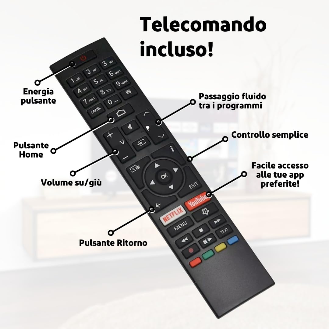 SALORA SMART24TV – Smart TV da 24 Pollici con Android – Display LED, HD Ready, Chromecast Integrato, Dolby Audio, Wi-Fi, Bluetooth, 3x HDMI – TV Compatta Ideale per Casa o Cucina