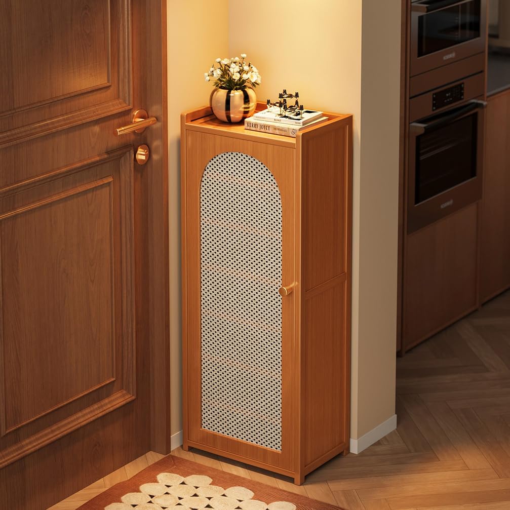 WYRNOBRX Narrow Shoe Storage Cabinet, 30 Pairs Rattan Shoe Cabinet Storage, 6-Tier 53.15" Tall Large Shoe Cabinet, Farmhouse Cabinet with Doors for Entryway Hallway Living,Natural/A