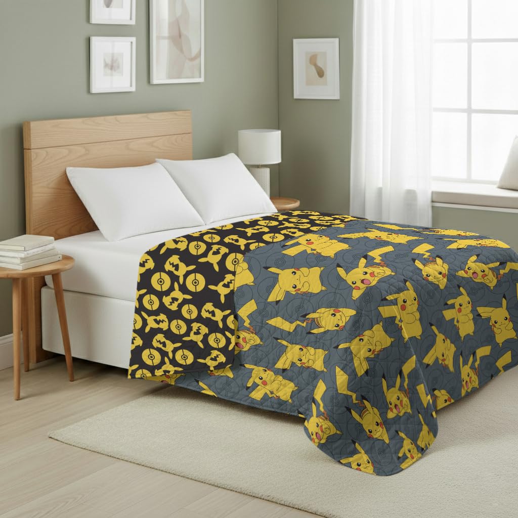 Northwest Pokemon Company Reversible Full/Queen Quilted Blanket - Pikachu &amp; Pokeball Pattern for Anime Fans, Cozy Blanket for Bed, Game Room or Couch, 90x90 inches