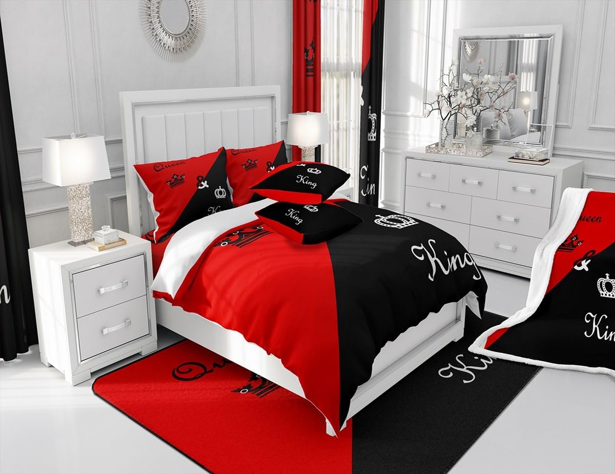 jejeloiu Queen and King Print Area Rug for Kids Boys Girls Crown Decorative Carpet Set Red Black Living Room Rugs 3x5 Bedroom Decor Romantic Indoor Floor Mat