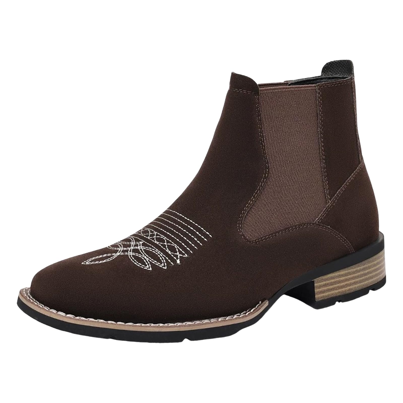 Mens Wear Mid Calf Boots Chunky Low Heel Round Toe Put On Elastic Winter Booties Trendy Embroidered Upper