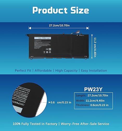 Miniatura 3 de PW23Y - Batería de repuesto para Dell XPS 13 936020179360-D1605G9360-D1605T Series, 6400mAh 60Wh 4-Cell Li-ion Ultrabook Batería para XPS