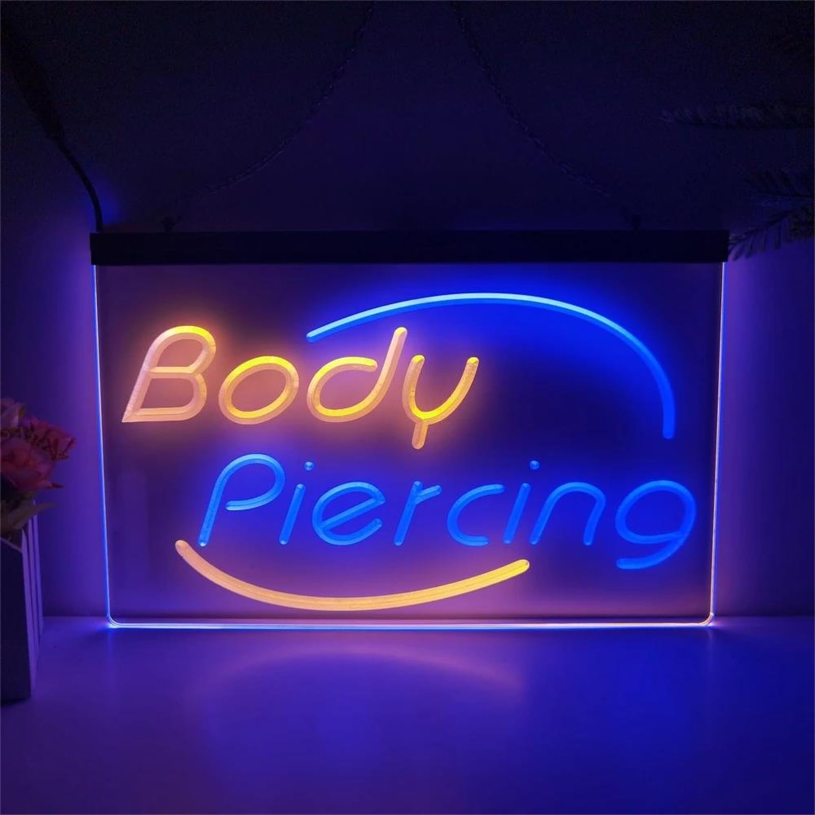 Insegna al Neon a LED per Body Piercing, luci al Neon USB Bicolore oscuranti per la Decorazione della Parete del Negozio di Tatuaggi, luci notturne per insegne Luminose,Blue Yellow,40x30cm