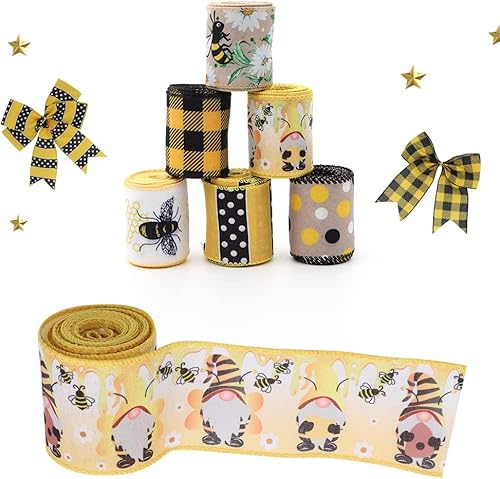 Miniatura 5 de 6 rollos de cinta de abeja de 30 yardas, cinta de borde con cable, cinta de miel para envoltura de manualidades de primavera y verano, rayas de 2.5