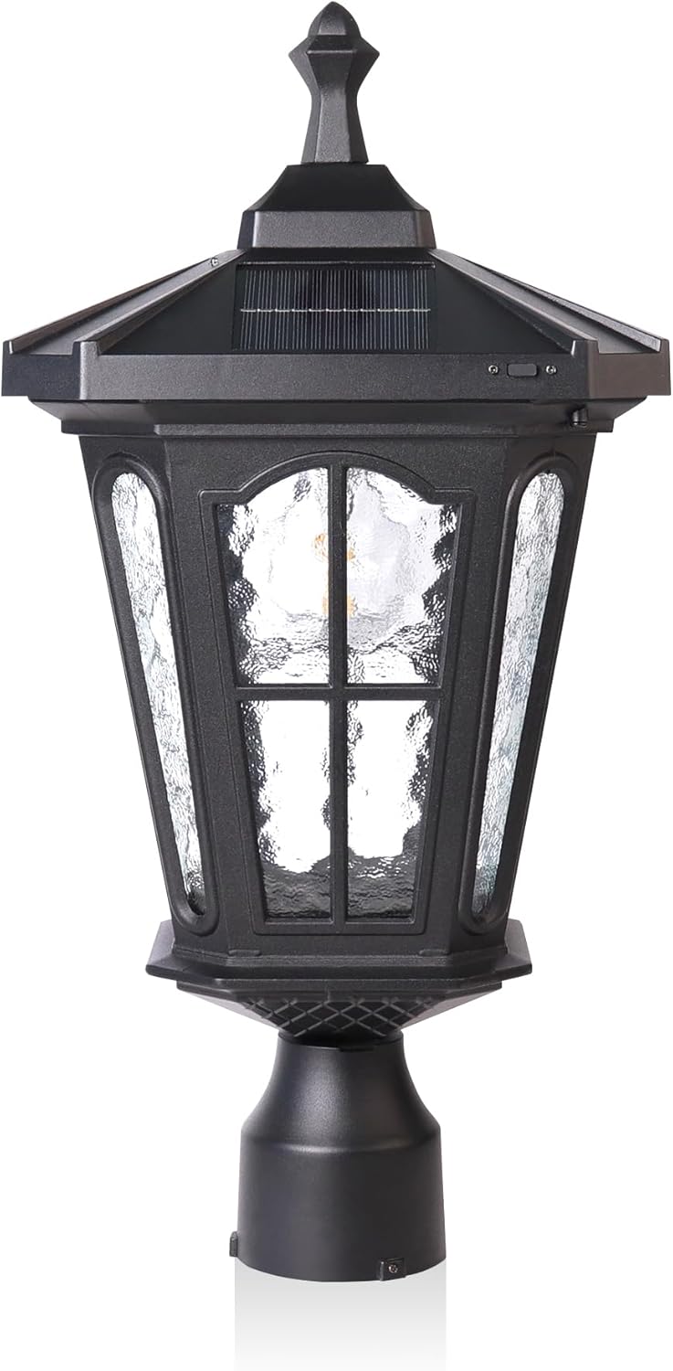 KP4336Q-A Outdoor Octagonal Solar Lamp Post Light with Rippled Glass Die-Casting Aluminum with Bright LED and Bulb, Solar Pillar Light for Garden Patio Yard Driveway and Pathway, Black
