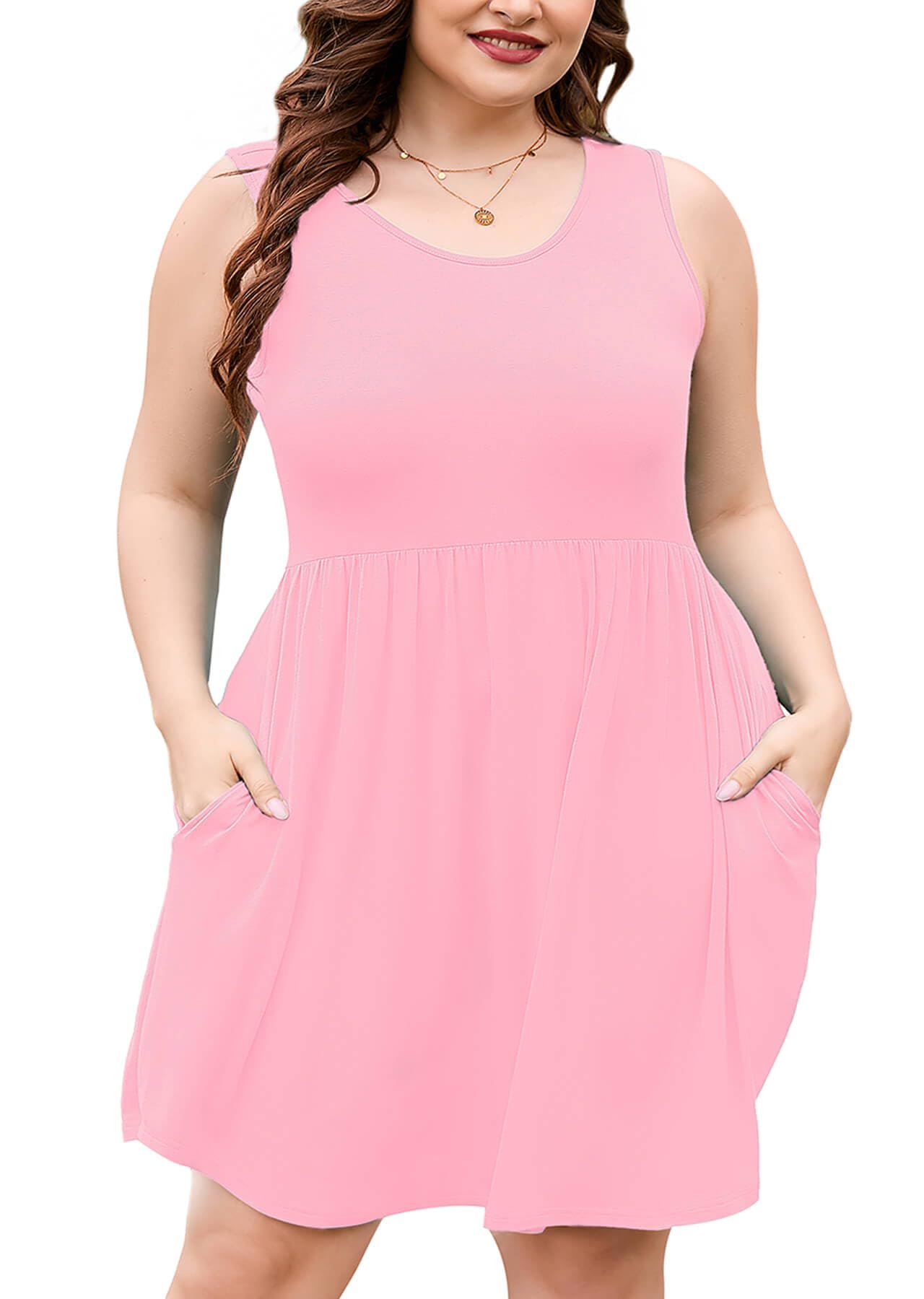 AusLook Plus Size Summer Tank Dress for Women Casual Sleeveless Crewneck Pleated Babydoll Swing Sundresses with Pockets 1X-5X