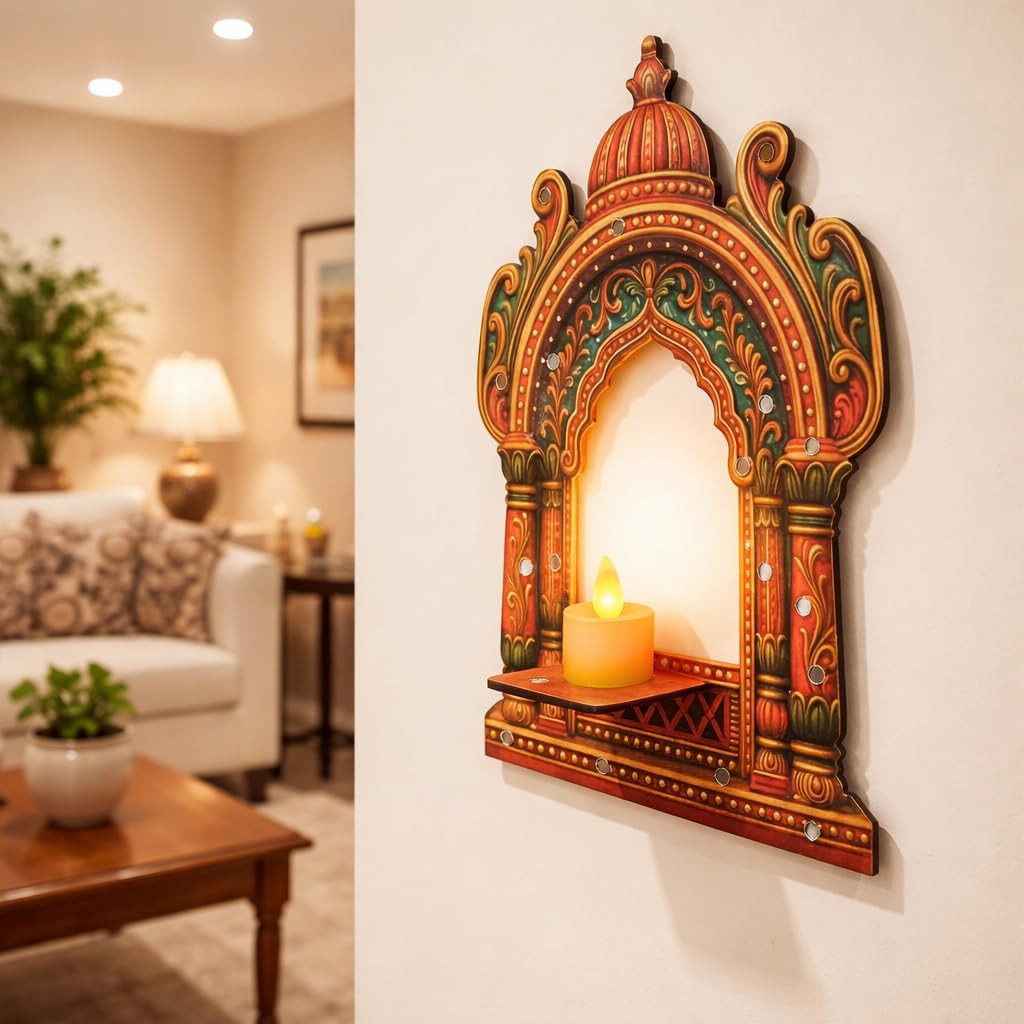 SATYAM KRAFT 1 Pcs Jharukha Decorative Wooden Wall Hanging Mandir for Navratri, Diwali, Deepavali, Pooja Room, Traditional Temple Showpiece for Home Decor, Festive Decoration & Gift Item (Multicolor)-image-8