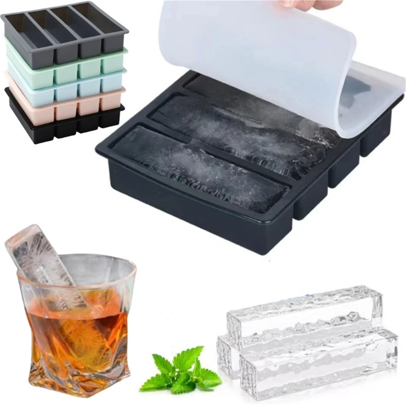 Cubiteras Para Hielo Cubitos de hielo gigantes de silicona de 4 rejillas, bandeja cuadrada de tiras largas, molde duradero for vino, whisky, utensilios de bar y cócteles.(4-color 4pcs)