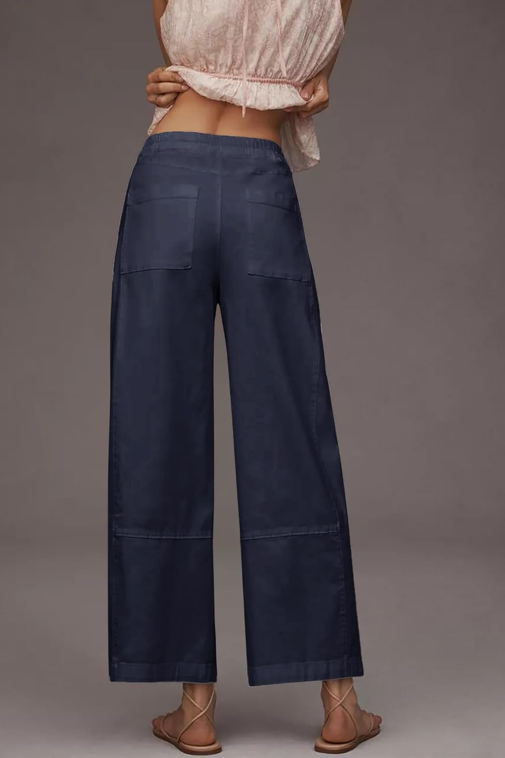 Allimy Womens Fashion Summer High Waist Elastic Wide Leg Straight Leg Casual Cropped Pants Casual Capris with Pockets