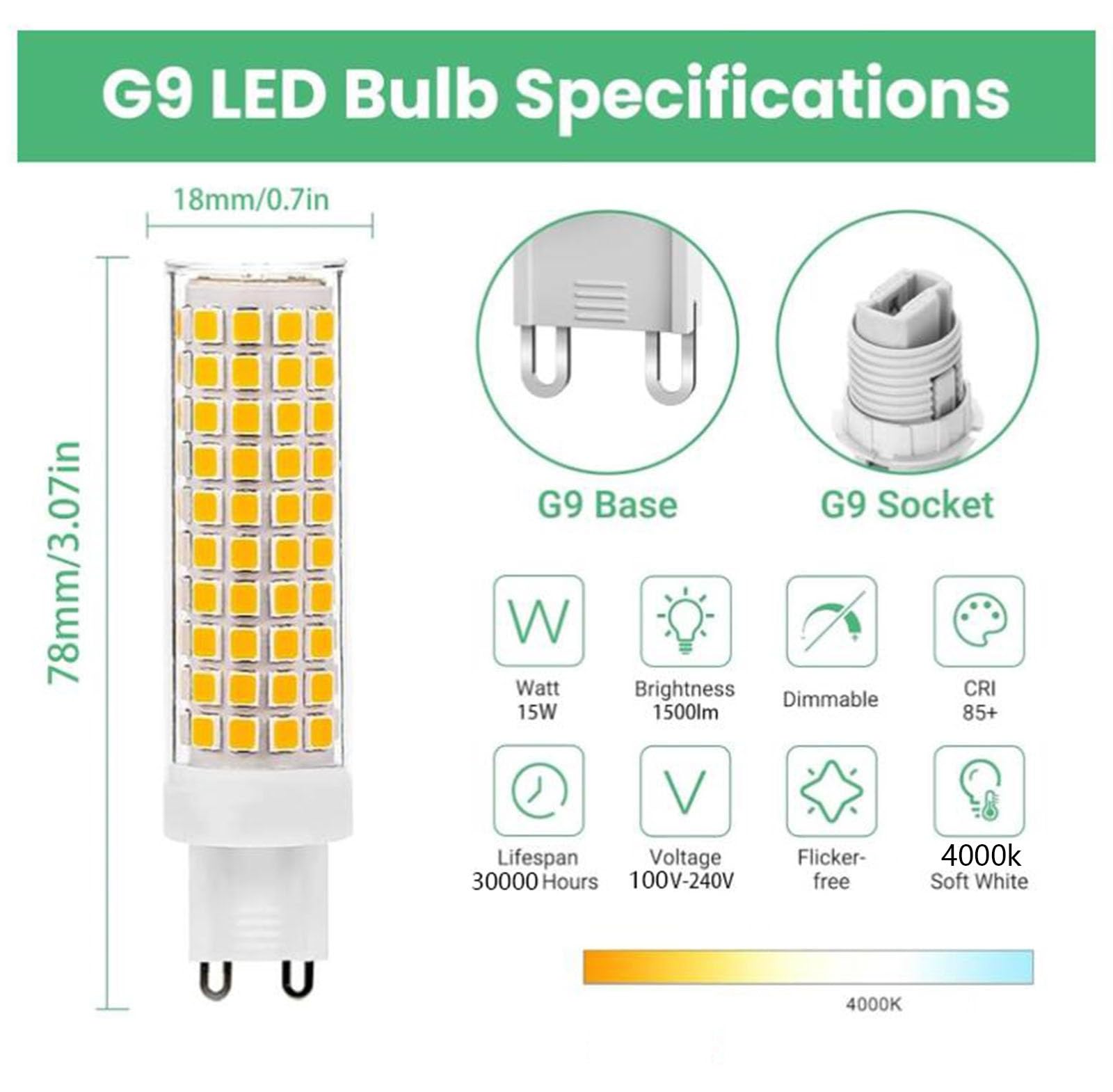 Bombillas LED G9 blanco neutro 4000k 15W repuesto 150W Ahorro de energía Sin parpadeo No regulable Para iluminación del hogar lámparas techo dormitorios cocinas(5pack)