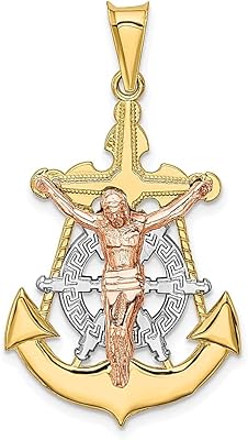 14k Tri Color Yellow White Gold Nautical Anchor Ship Wheel Mariners Lord Jesus Christ Crucifix Holy Cross Religious Pendant Charm Necklace Mariner Fine Jewelry For Women Gifts For Her