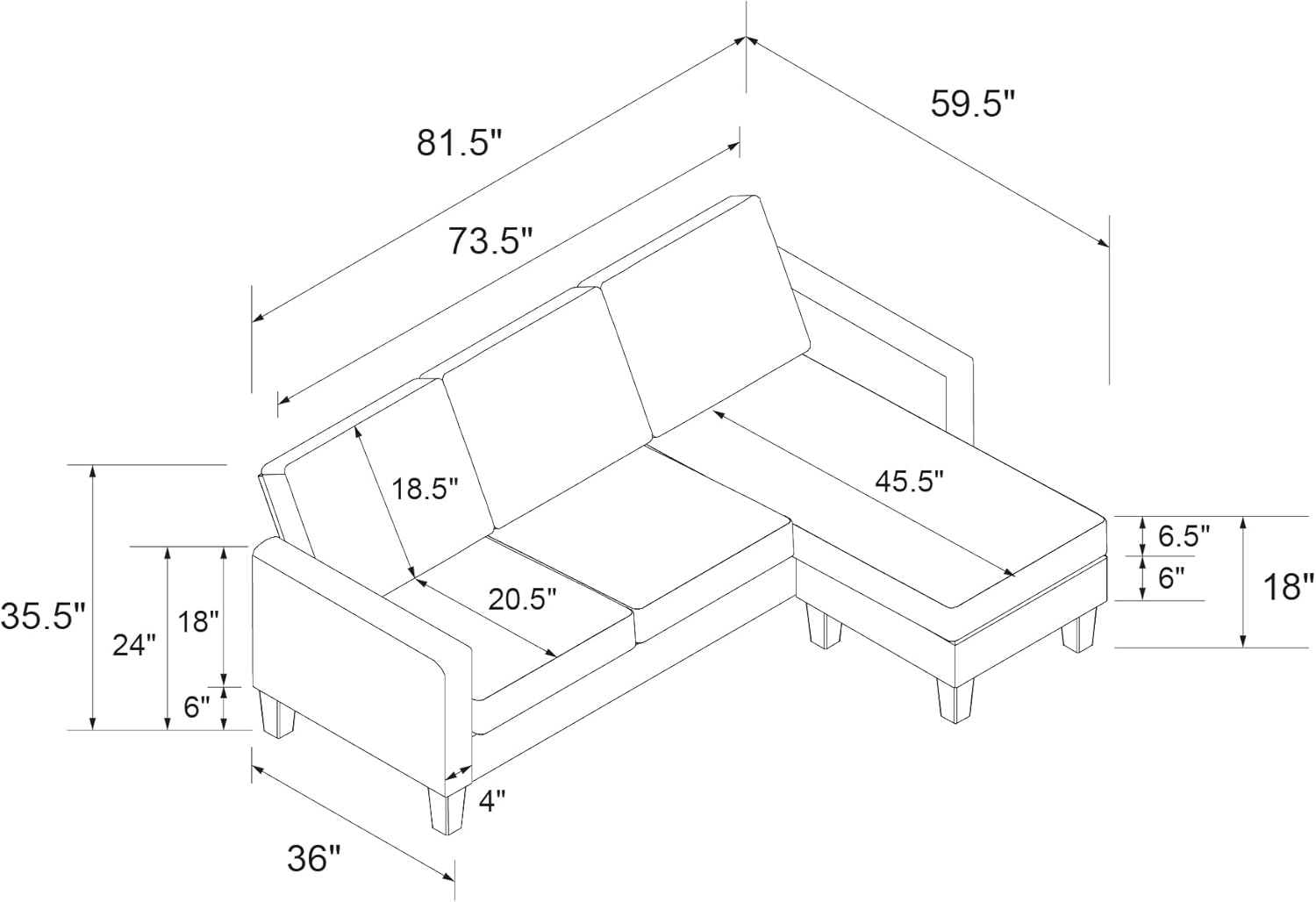 Detailed isometric diagram of the Novogratz Bowen Sectional Sofa with all key measurements labeled, including seat depth, seat height, arm height, and overall dimensions.