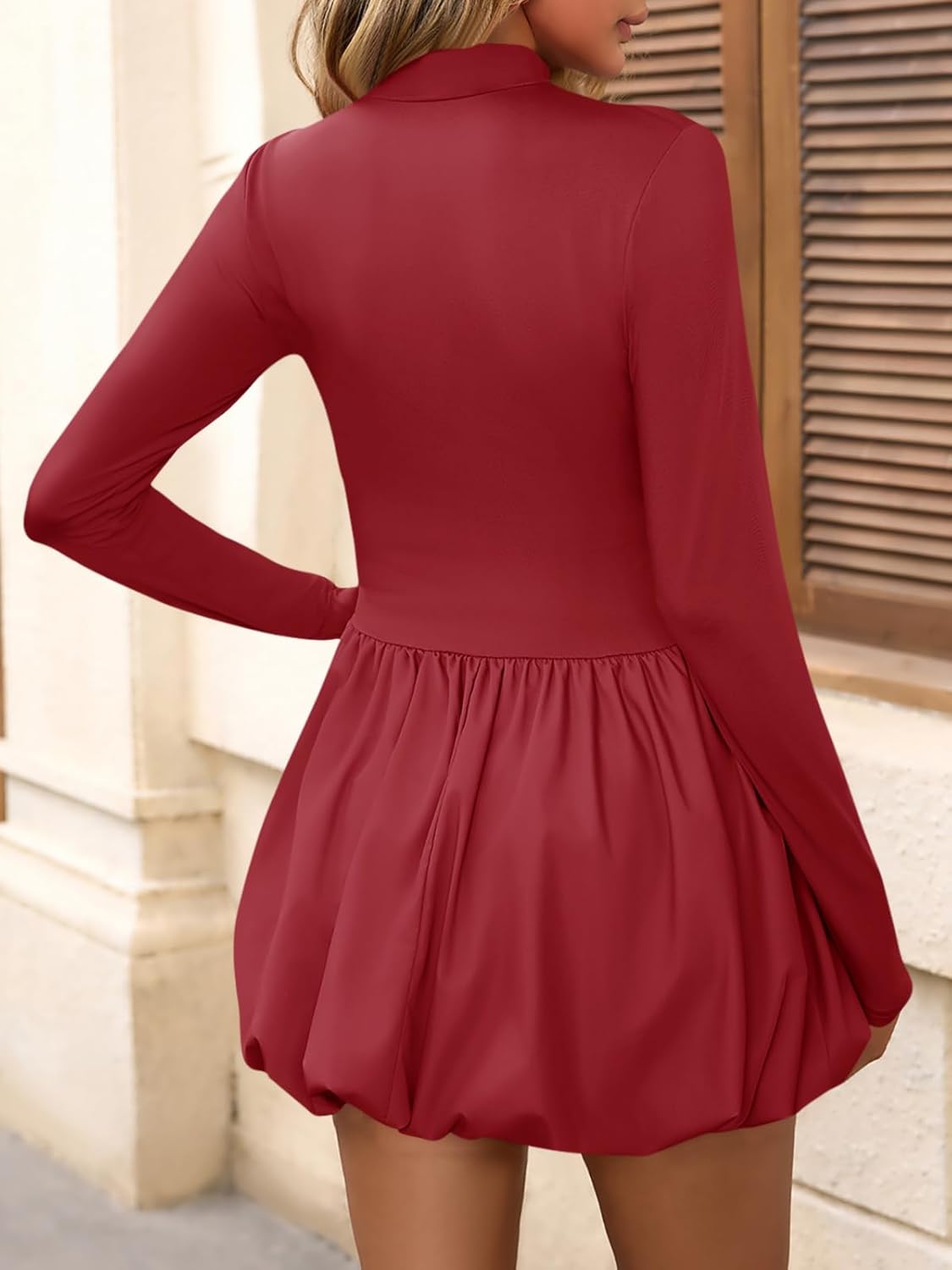 Wenrine Women Long Sleeve Bubble Mini Dress Bodycon Mock Neck Casual 2025 Cocktail Club Party Dresses - Image 4