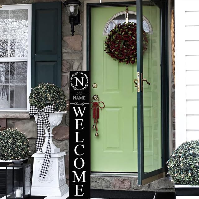 Wood Black Initial Family Name Welcome Sign for Porch Standing 48in×8in, Tall Custom Initial Last Name Vertical Leaner Farmhouse Welcome Sign for Front Door Deck Patio Yard Home Decorations