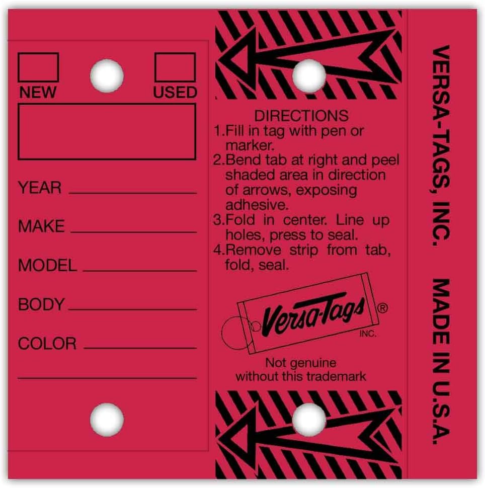 Genuine Versa-Tag Key Tags, Self-Protecting (2 Box Bundle) (250 per Box with Metal Rings - 500 Total) (2 Boxes of Red)