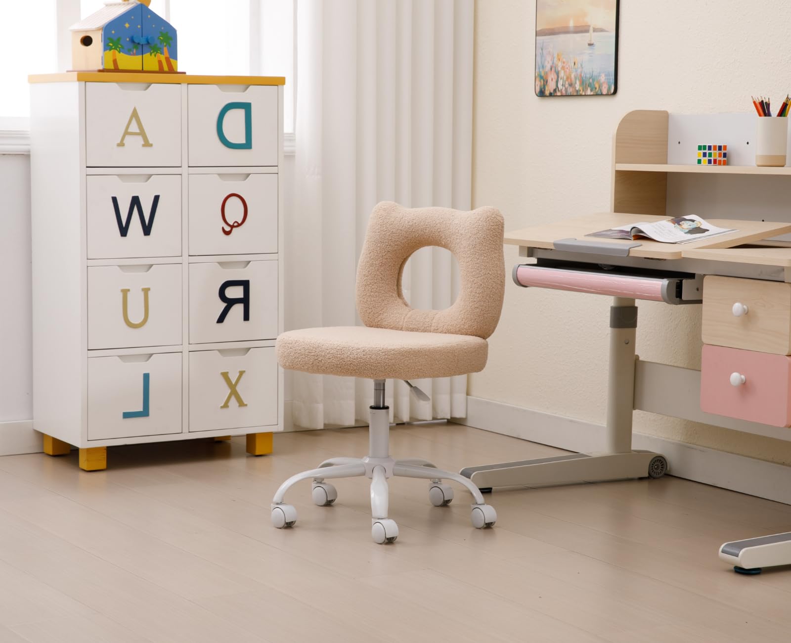 chairus Sedia da Scrivania per Bambini Sedia per Bambini in Pelliccia Sintetica Sedie Girevole Regolabile in Altezza Sedia da Scrivania Carina in Orsetto per Cameretta, Cachi