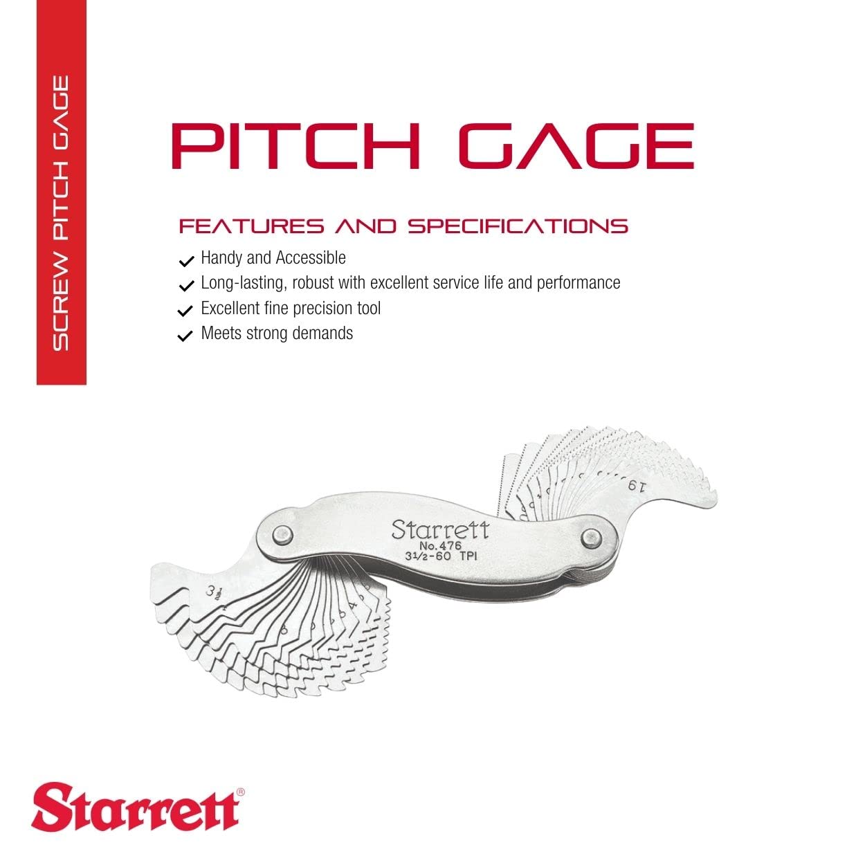 Starrett Steel Whitworth Standard Screw Pitch Gage with Substantial Steel Case and Positive Stop - 3-1/2 - 60 Range TPI, 30 Number of Leaves - 476
