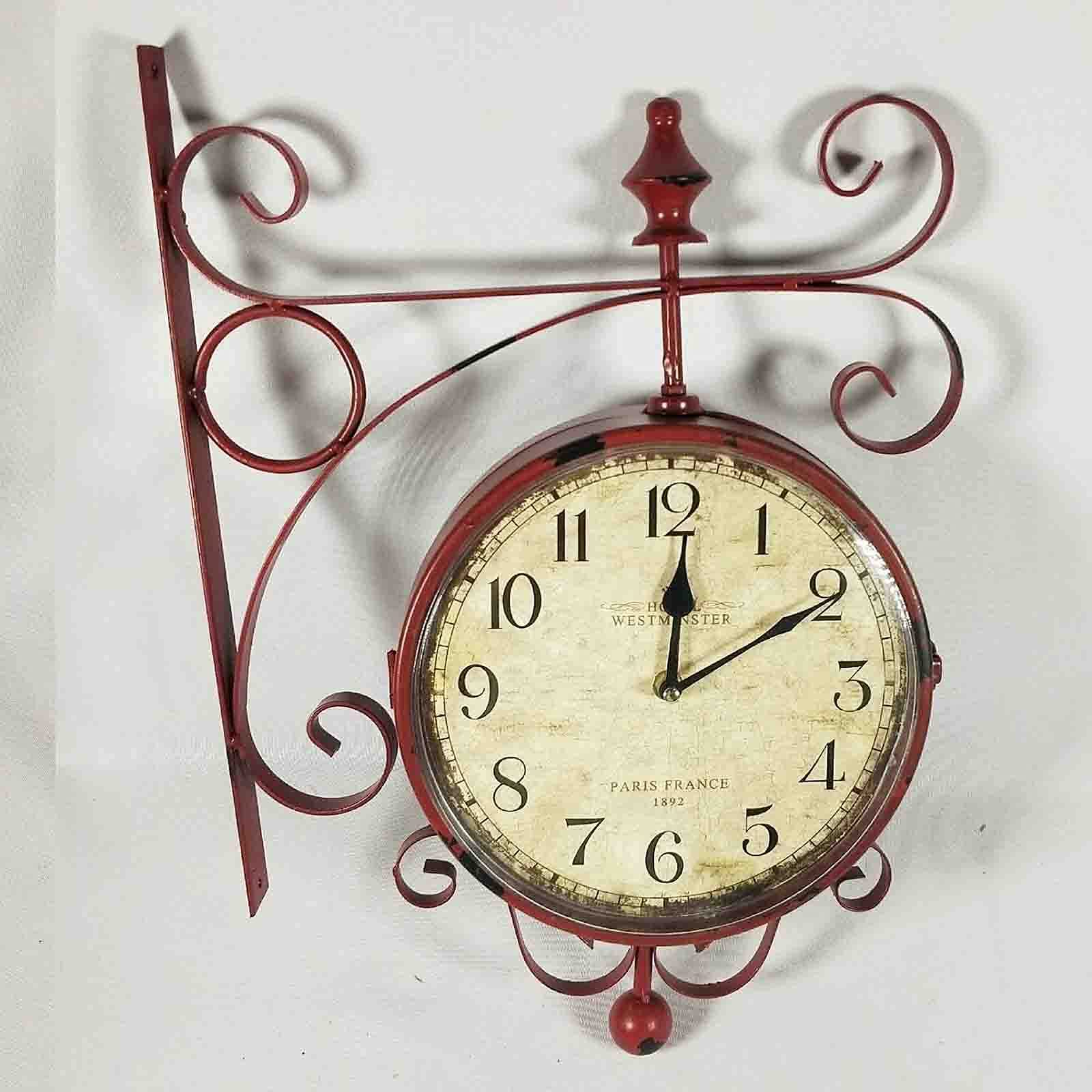 MYUYEE Outdoor Garden Wall Clock, Blue Double Sided Station Clock Garden Clock 360° Rotation Wrought Iron Retro Waterproof Outdoor Clock Decoration Outside Clock,Blue (Red)
