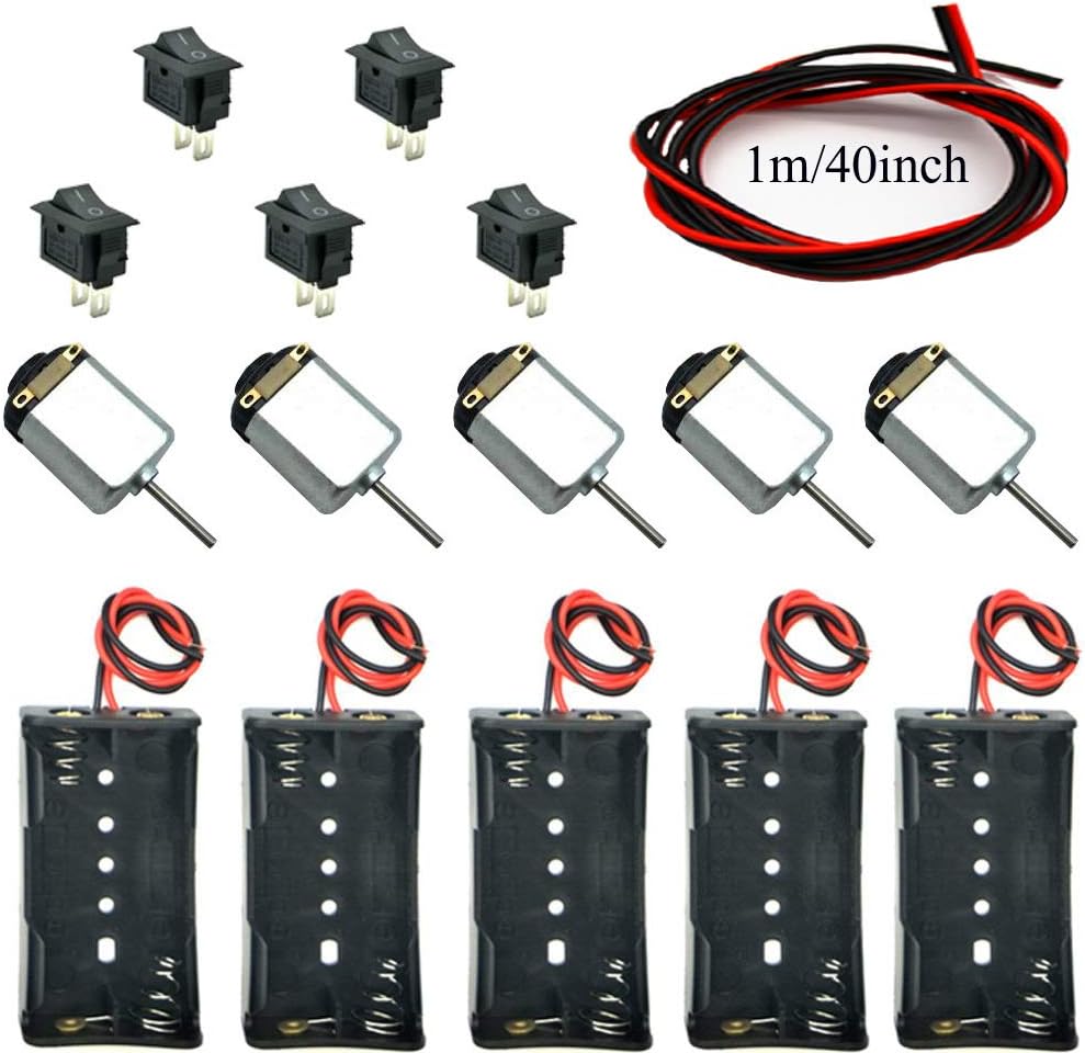 – DC Motor, HERKINDNESS 5 Sets of DC Motor Kits Mini Model Electric Motors 1.5-6V 24000RPM Min ± 5% 5 Mini Boat Switches 5 AA Battery Holders Red and Black Two-tone 0.5 Square Cable (40 inch)