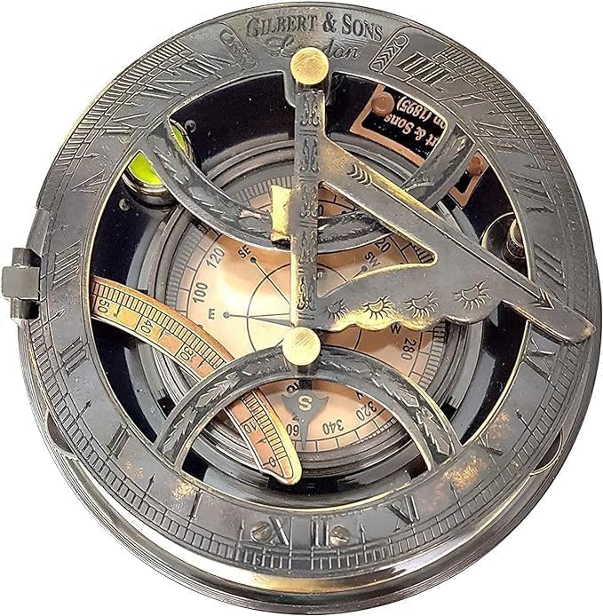 Vintage 5-Inch Sundial Clock Brass Compass - Antique Nautical Gift in Copper with Elegant Wooden Box