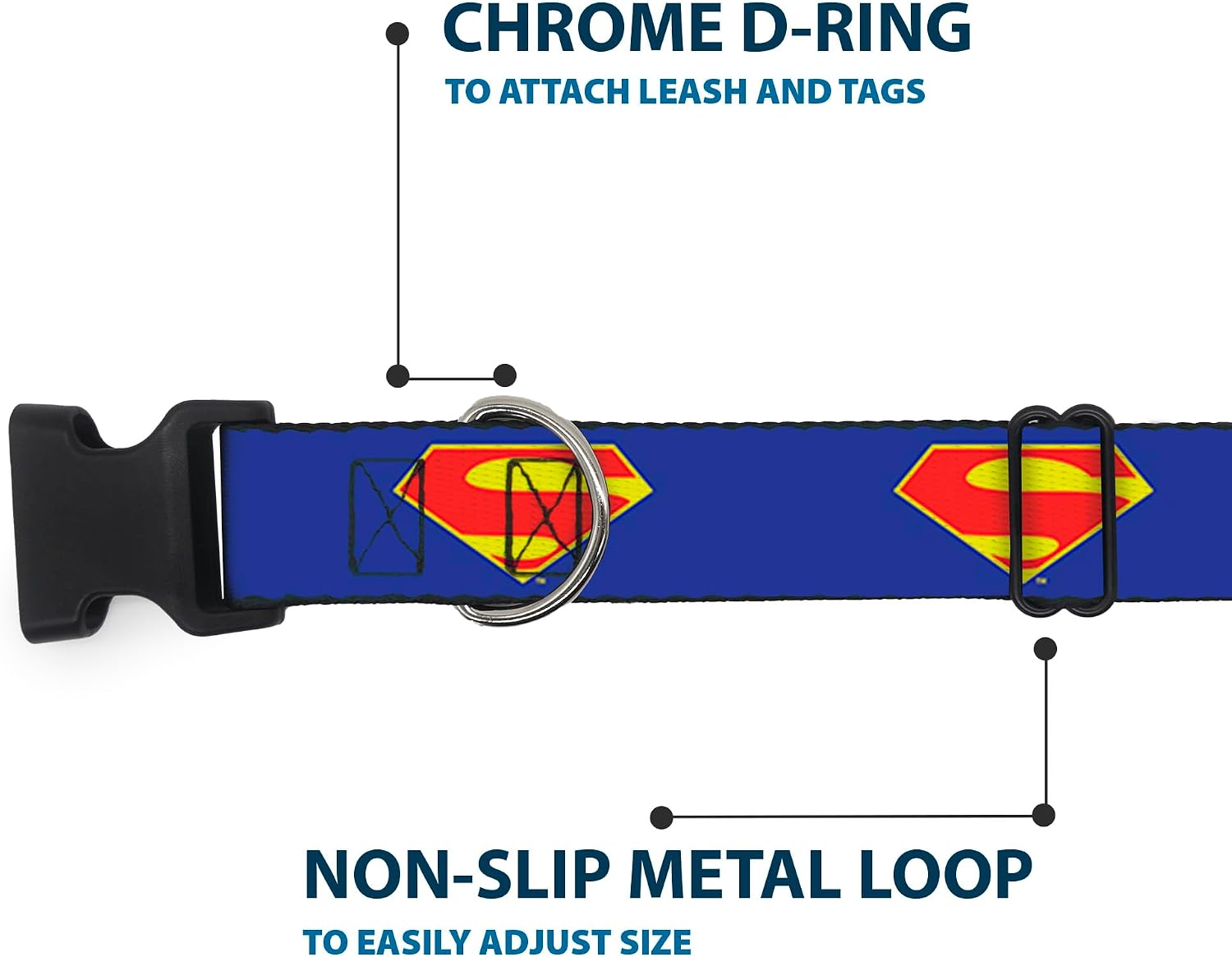 Buckle-Down Dog Collar Plastic Clip DC League of Super Pets Superman Shield Logo Blue Red Yellow 13 to 17 Inches 1.5 Inch Wide