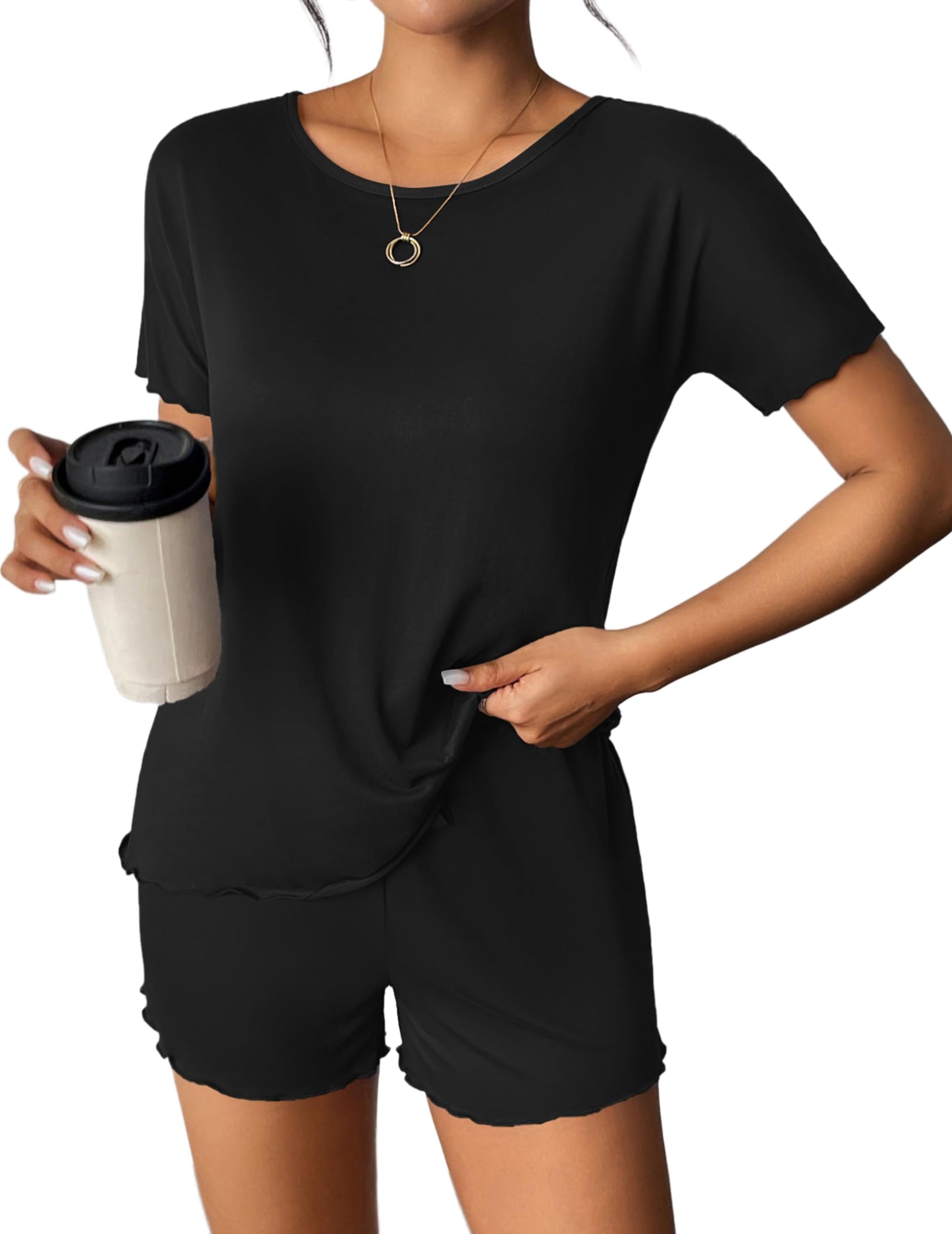 Ekouaer Pajama Set for Women with Pockets Short Sleeve 2 Piece Lounge Set Women Loose T Shirts and