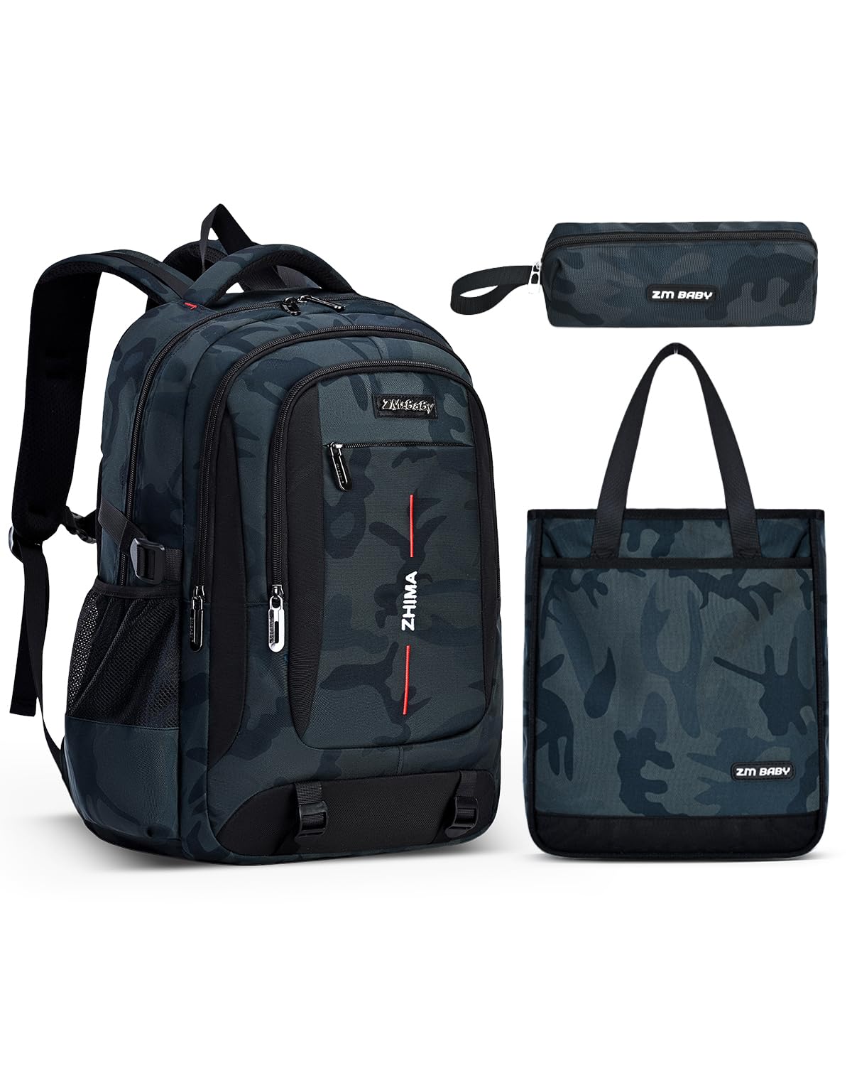 Amythe Schulrucksack Jungen Teenager 3-teilig Camouflage Grün | Set: Rucksack + Umhängetasche + Stifttasche. Wasserabweisender Schulranzen für Jungen der 3. - 7. Klasse, Große Kapazität