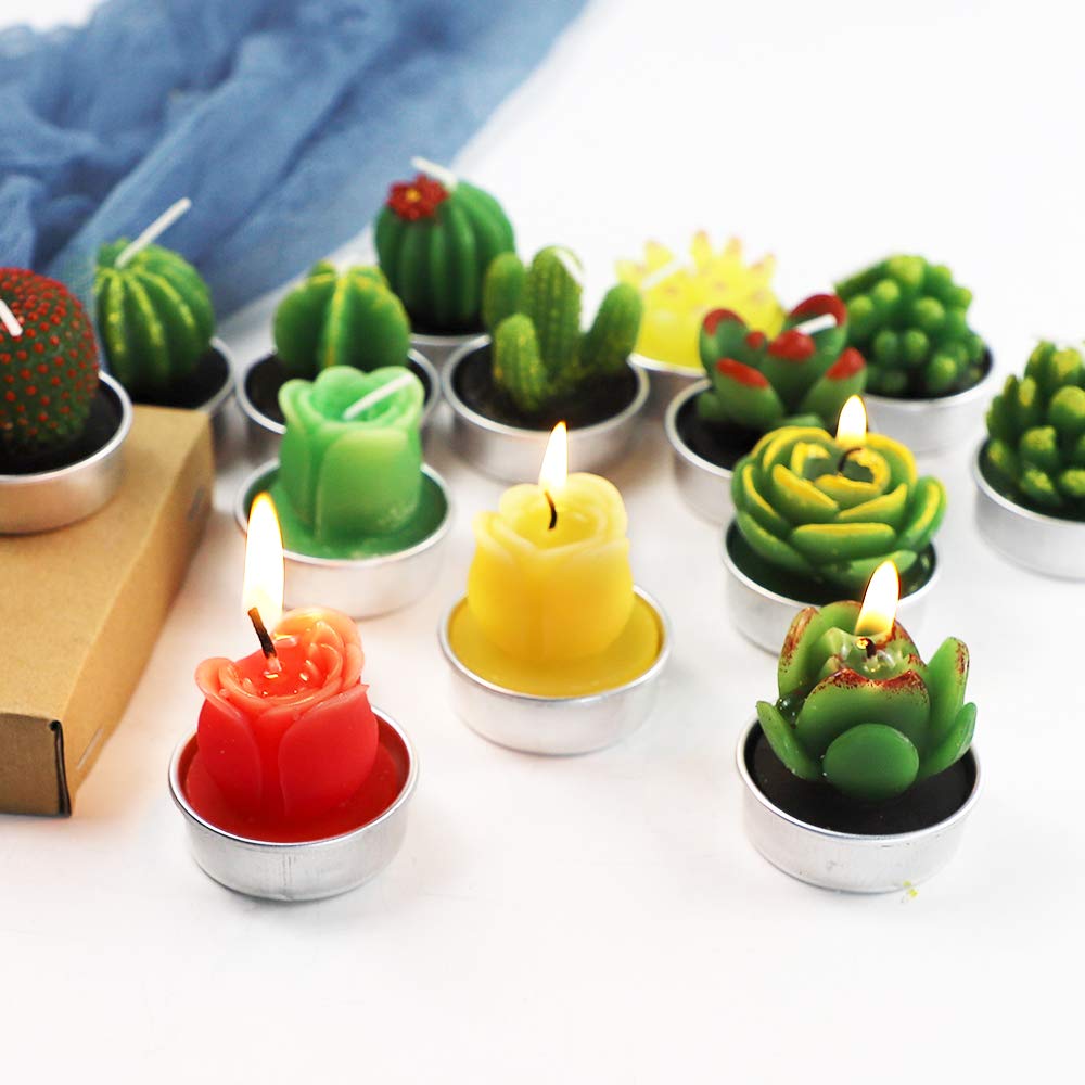 Juego de Velas de té de Cactus, Hechas a Mano, delicadas Velas de Cactus suculentas, Plantas suculentas Artificiales para Fiestas, Festivales, cumpleaños, decoración del hogar (24 Piezas)