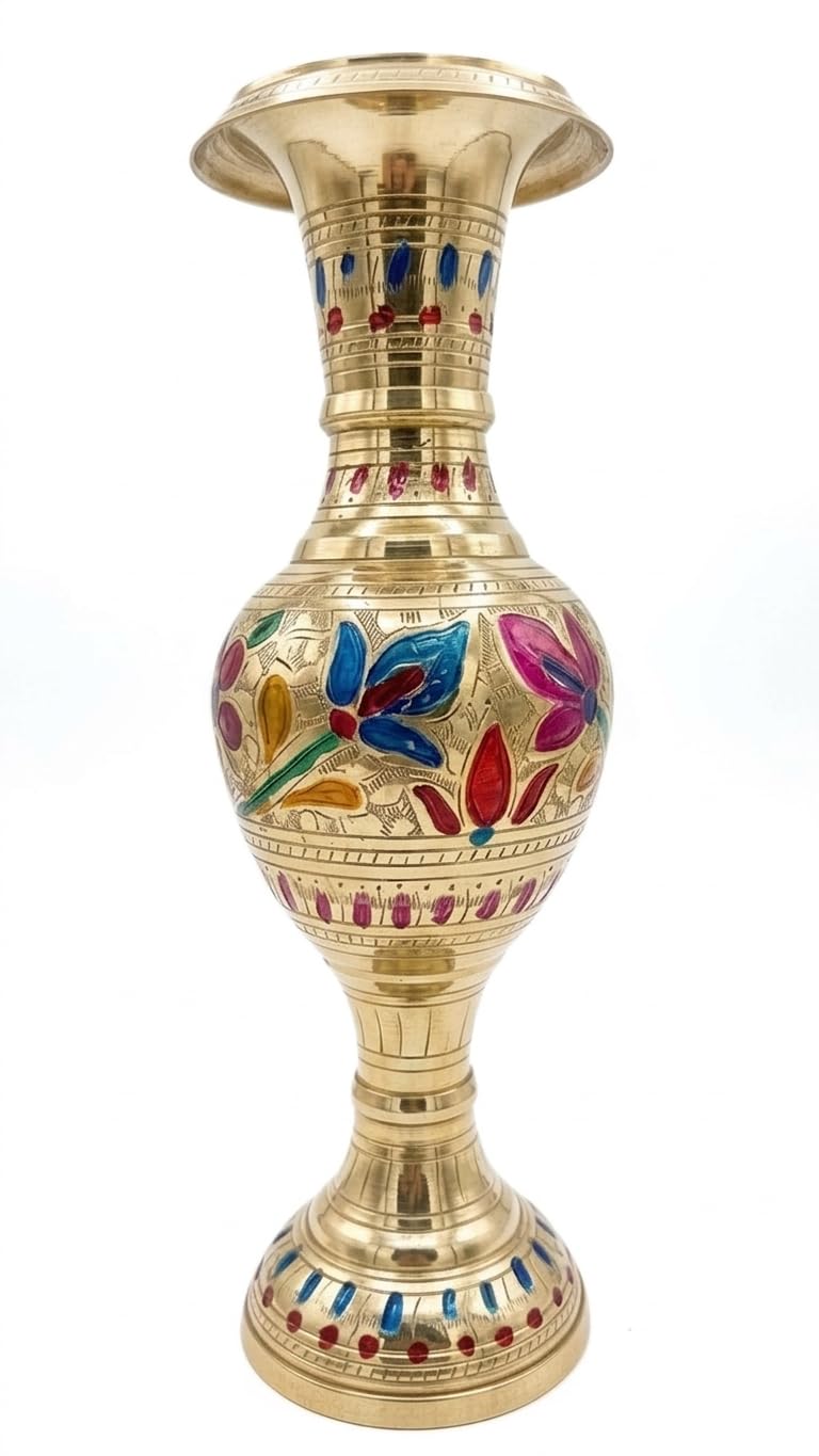 Handcrafted Pure Brass Meenakari Floor Vase, Floral Crown Design, Hand-Painted Enamel, Golden, 12 Inch-image-21