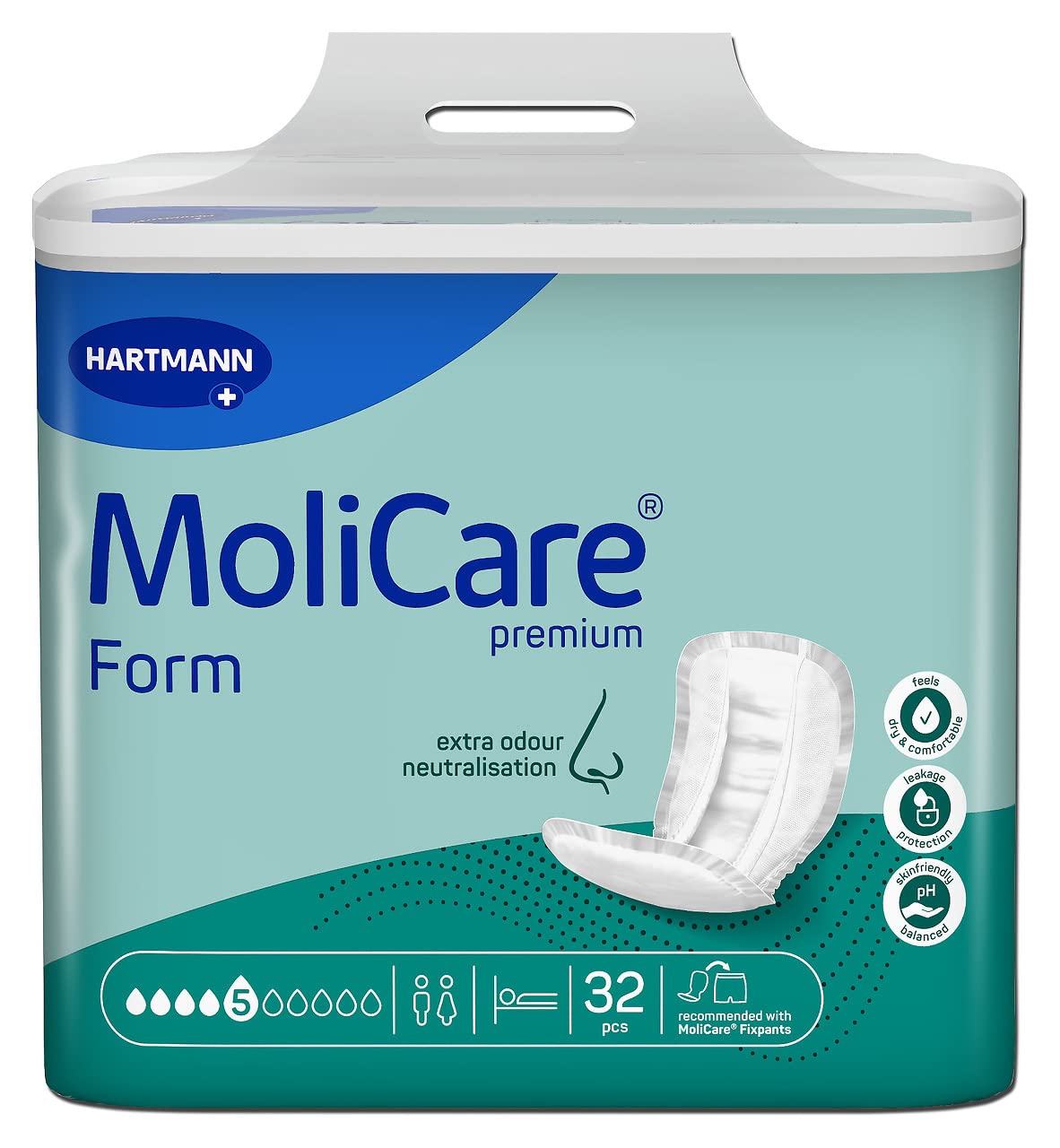 Molicare Premium Form 5 Drops for Medium Incontinence: Maximum Safety, Extra Leak Protection and Discretion for Men and Women - Pack of 32