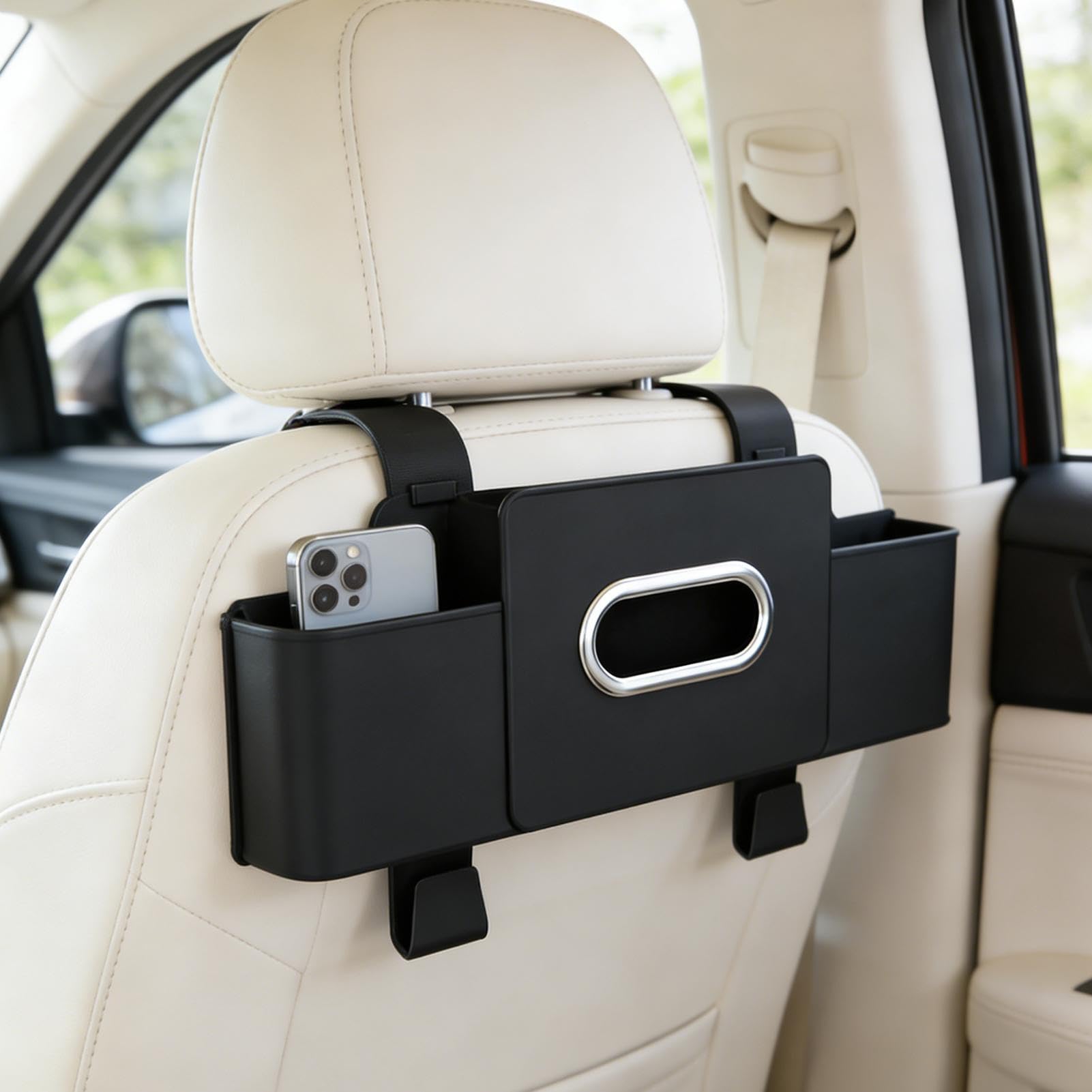 Organizador de asiento trasero para coche, soporte impermeable para bebidas con cubo de basura integrado, almacenamiento para asiento de coche con gancho, para teléfono, aperitivos, bebidas, bolso