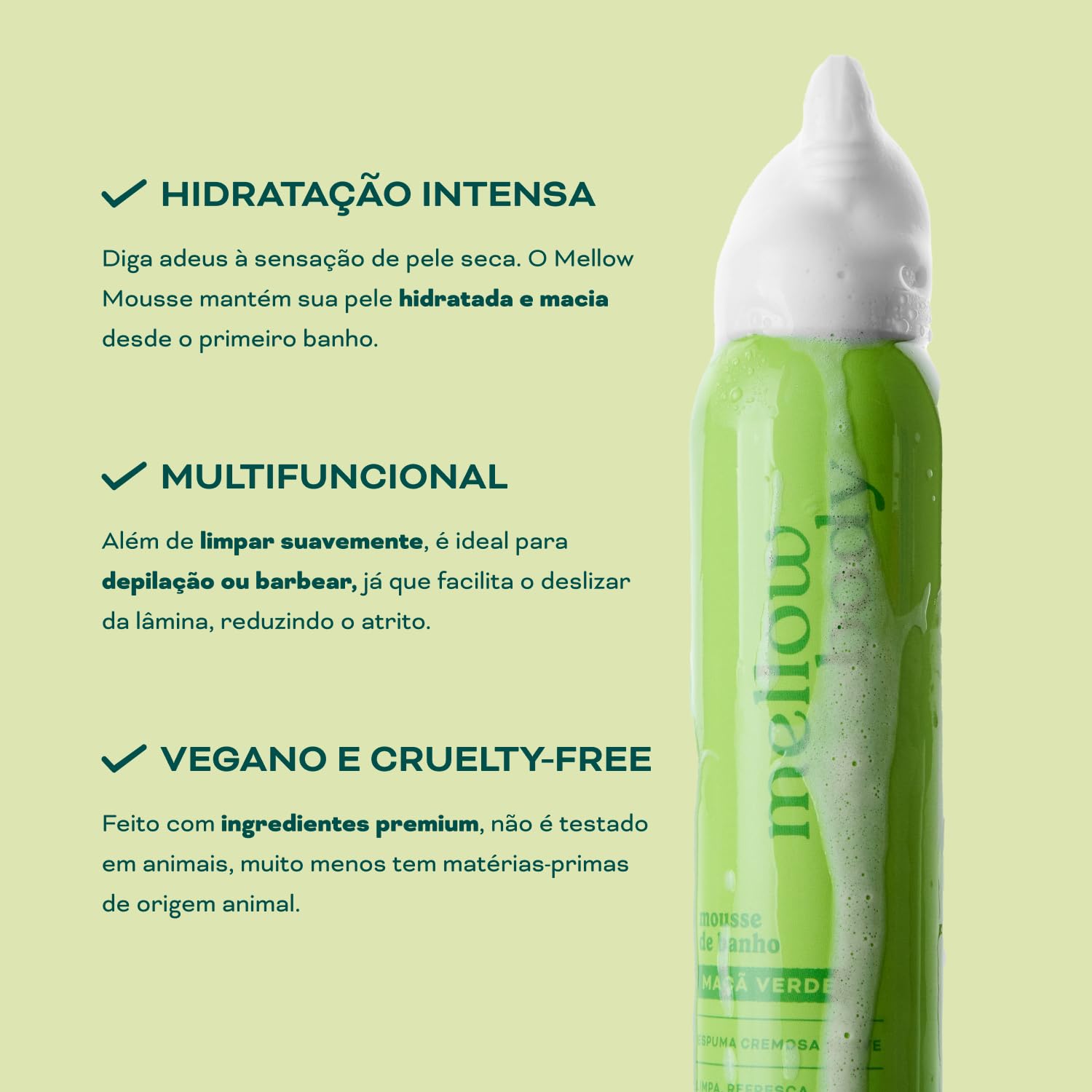 Mellow Mousse de Maçã Verde, Espuma de Banho, Hidrata e Limpa a