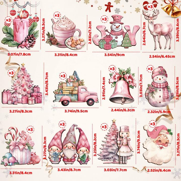 Miniatura 5 de 36 piezas de adornos colgantes de árbol de Navidad rosados, adornos de Navidad de madera para árbol de Navidad, vintage, rústico, 3D, colgantes de